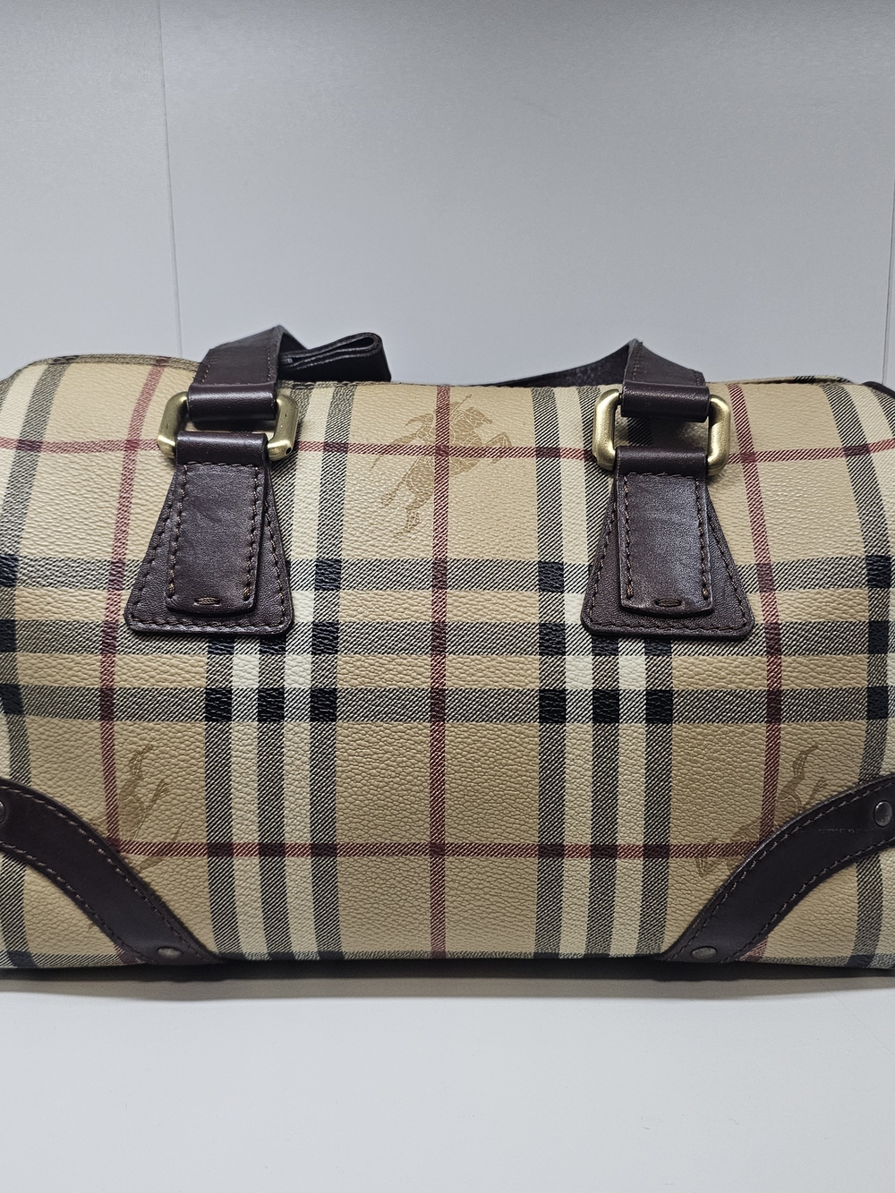 Burberry Beige Plaid Barrel Satchel with Dark Brown Trim